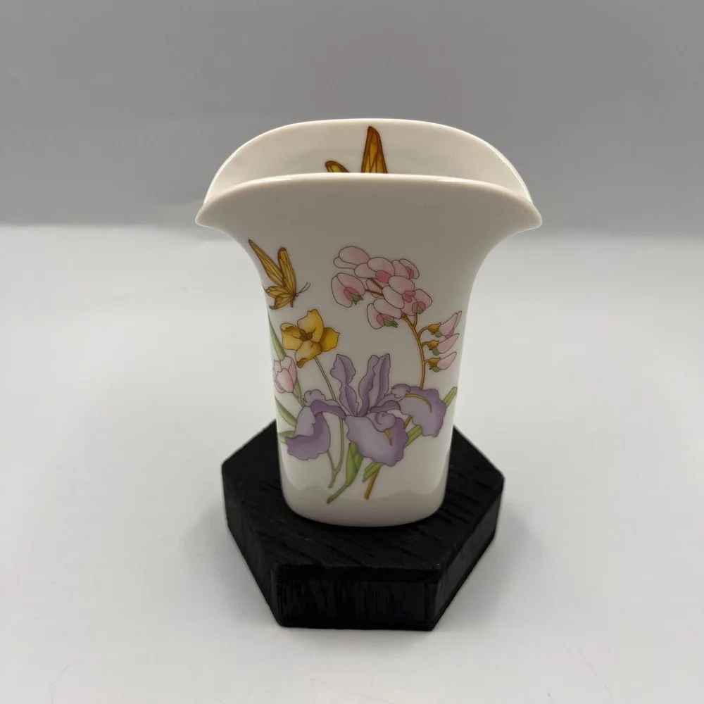 Vintage Fine China Japan Porcelain Flared Vase Iris Floral Butterfly Gold Trim